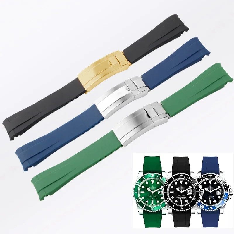 

Curved End Rubber Watch Band for Rolex Daytona Green Submariner GMT Explorer 20mm 21mm men's Waterproof Silicone Watch straps