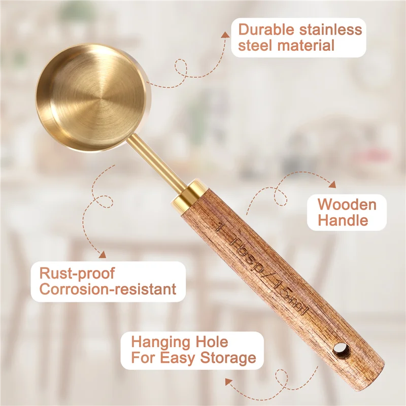 ABXF-計量スプーンセット木製ハンドルステンレス鋼計量スクープベーキングツールキットキッチンアクセサリー