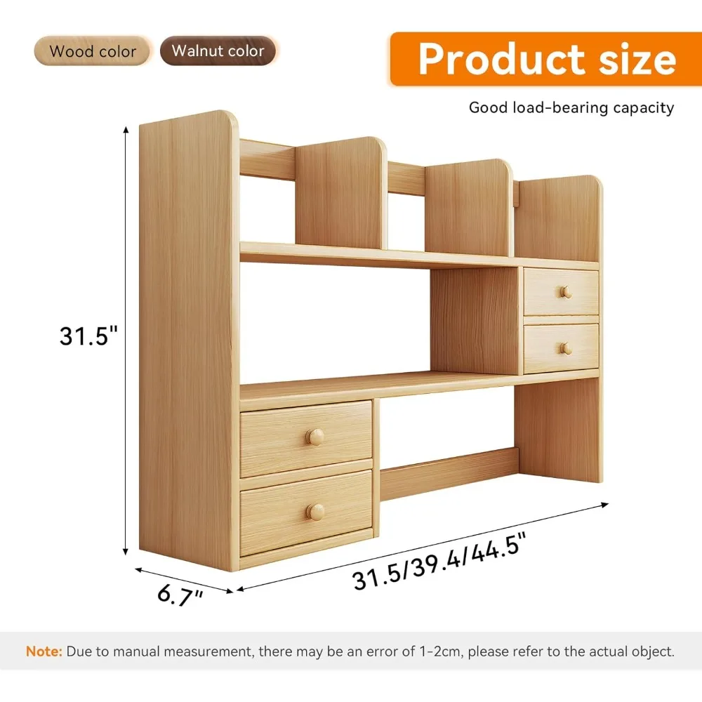 حقيبة مكتب، منظم رف سطح المكتب الخشبي مع حجرة ودرج لغرفة النوم الجامعية، رف كتب علوي للمكتب للتخزين #2