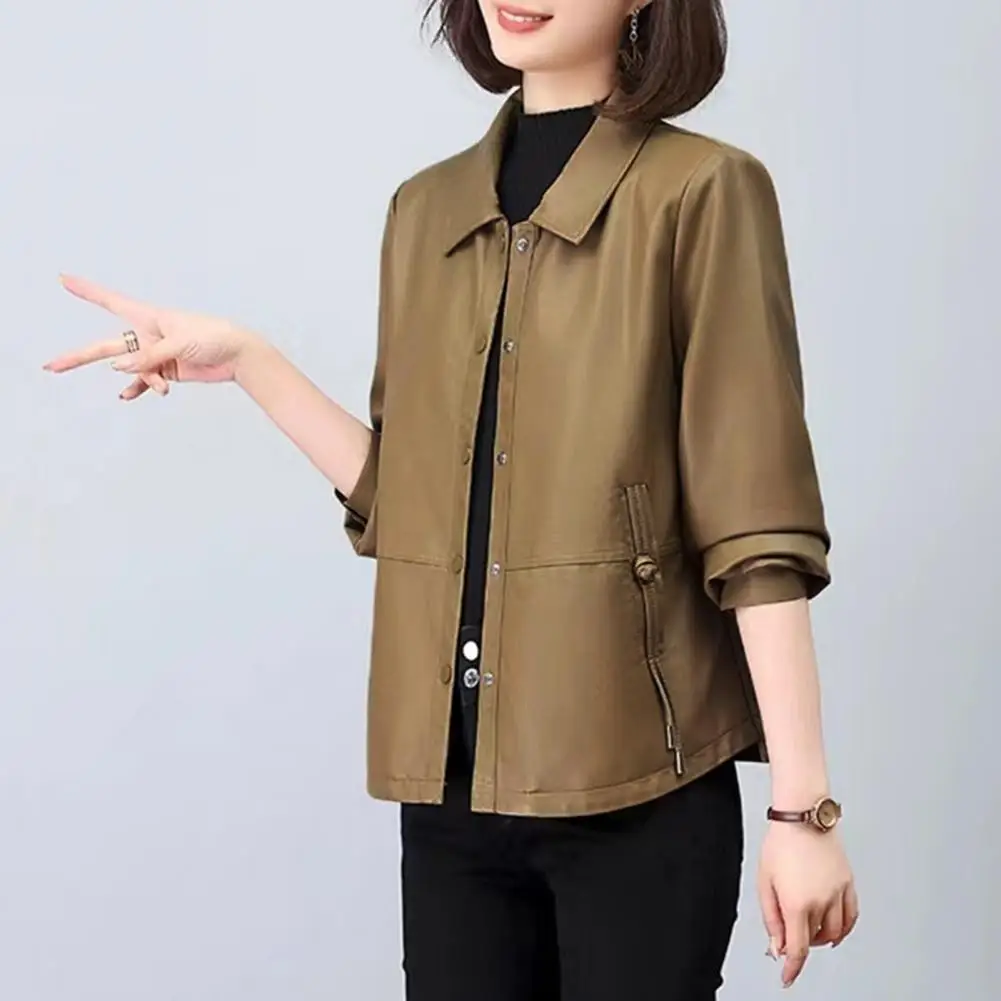 Button Closure Faux Leather Coat Retro Motorcycle Coat Women's Faux Leather Jacket with Turn-down Collar Pockets Plus for Travel