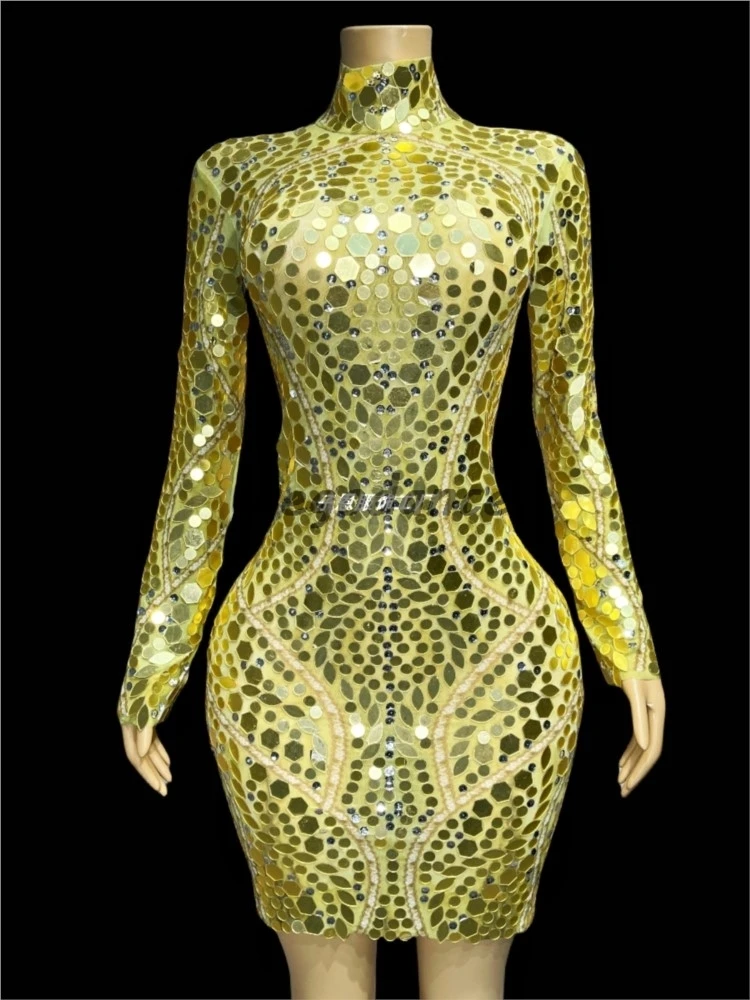 New Long Gold Mirrors Sequin Dress Long Sleeve Dress Cocktail Party Performance Clothing