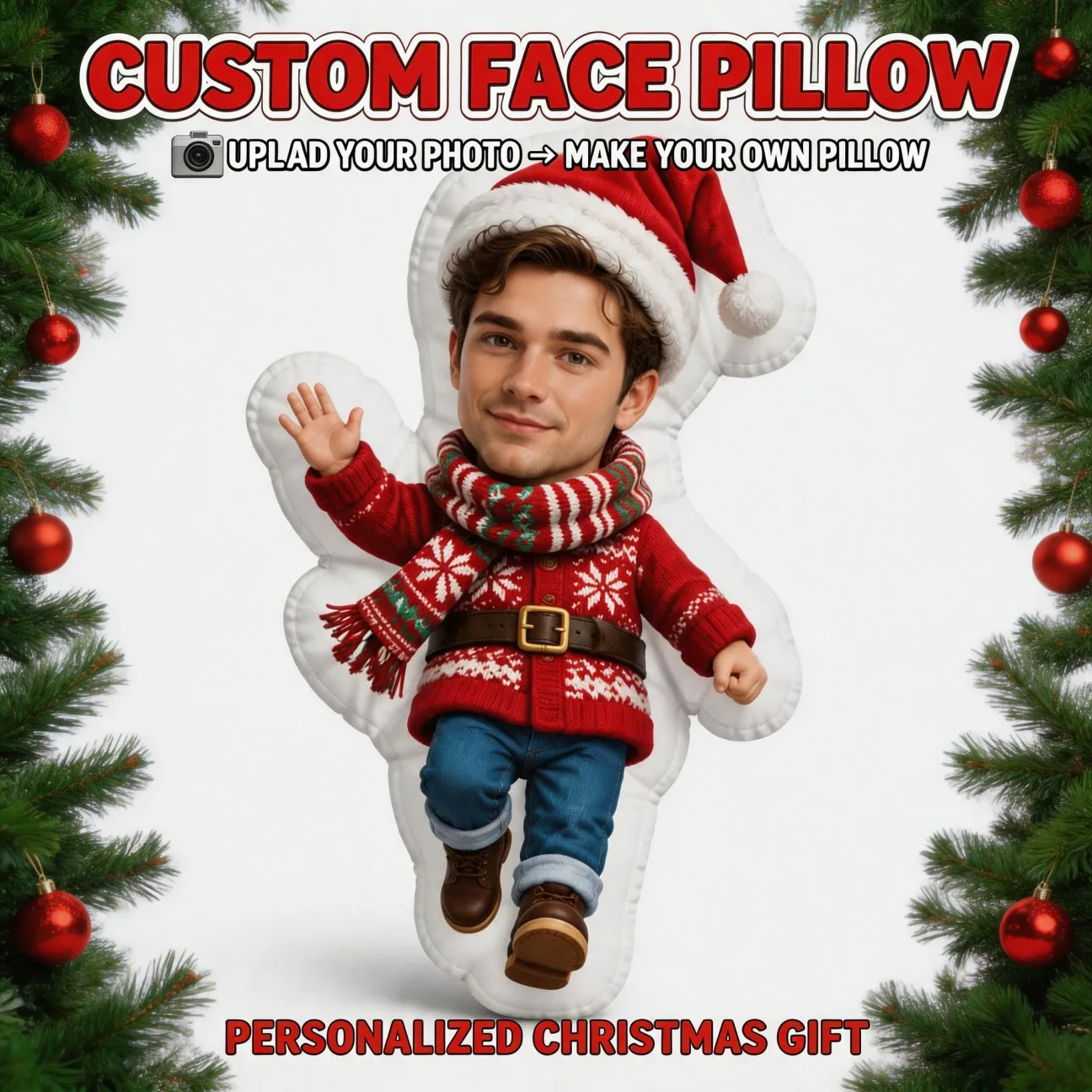 Custom Personalized Photo Shaped Pillow, Holiday Style Red Sweater And Santa Hat Custom Face Decorative Cushion, Unique Home Dec