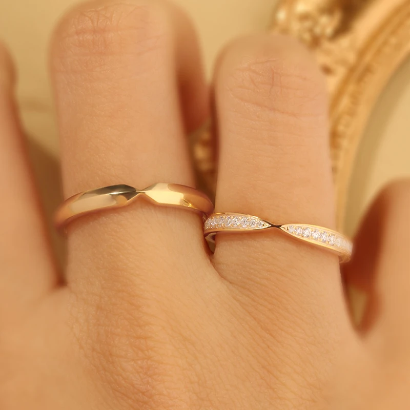 Simple Angular Diamond Engagement Ring Set, 18K 14K 9K Gold Wedding Bands for Couples, Custom in Yellow