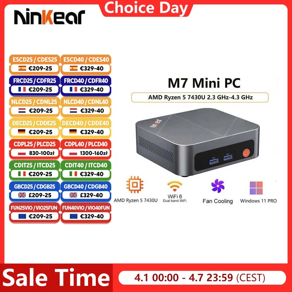 Ninkear M7 Mini PC AMD Ryzen ™   5 7430U Windows 11 PRO 16GB DDR4 RAM 512GB SSD WIFI 6.0 Mini Komputery z Chłodzeniem Wentylatorowym