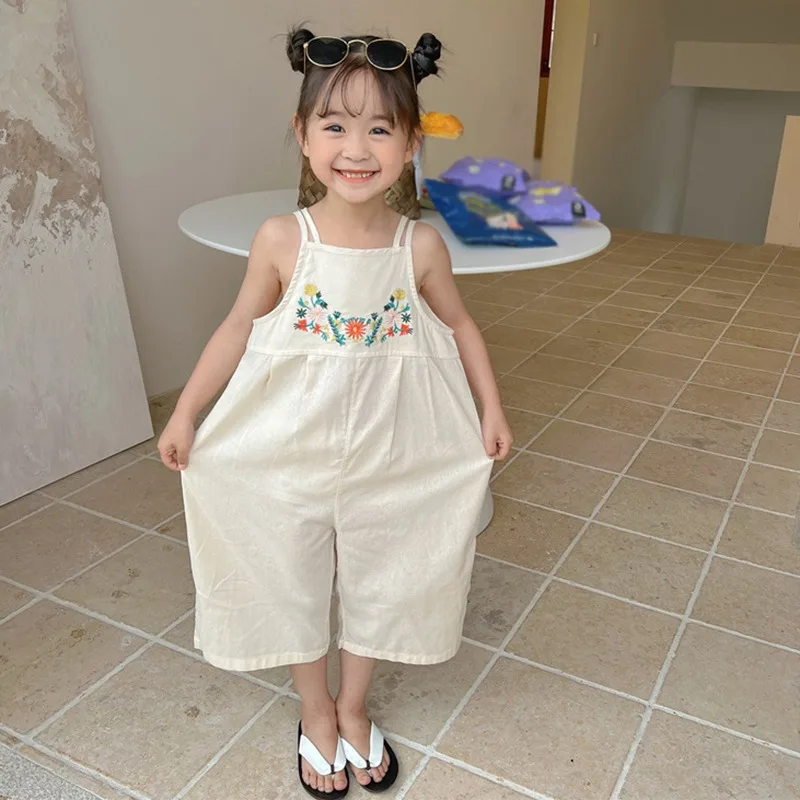 Girls Kids Overalls Summer Jumpsuit Embroidered Wide Leg Pants Fashion Children Girl Bodysuit Romper Kids Outfits 3-8Y