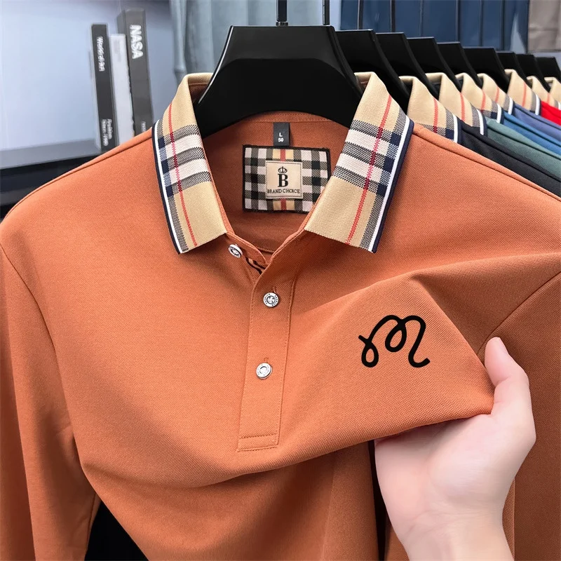 Luxury Quality Men Contrast Color Print Polo Shirt Original Long Sleeve Cotton Warm T-Shirt Comfort Skin Friendly Men's Clothing