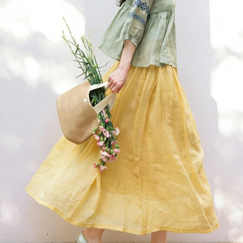 Spring Summer New Arts Style Women 100% Ramie Thin Natural Fabric Long Skirt All-matched Casual Loose A-line Skirt Good Quality