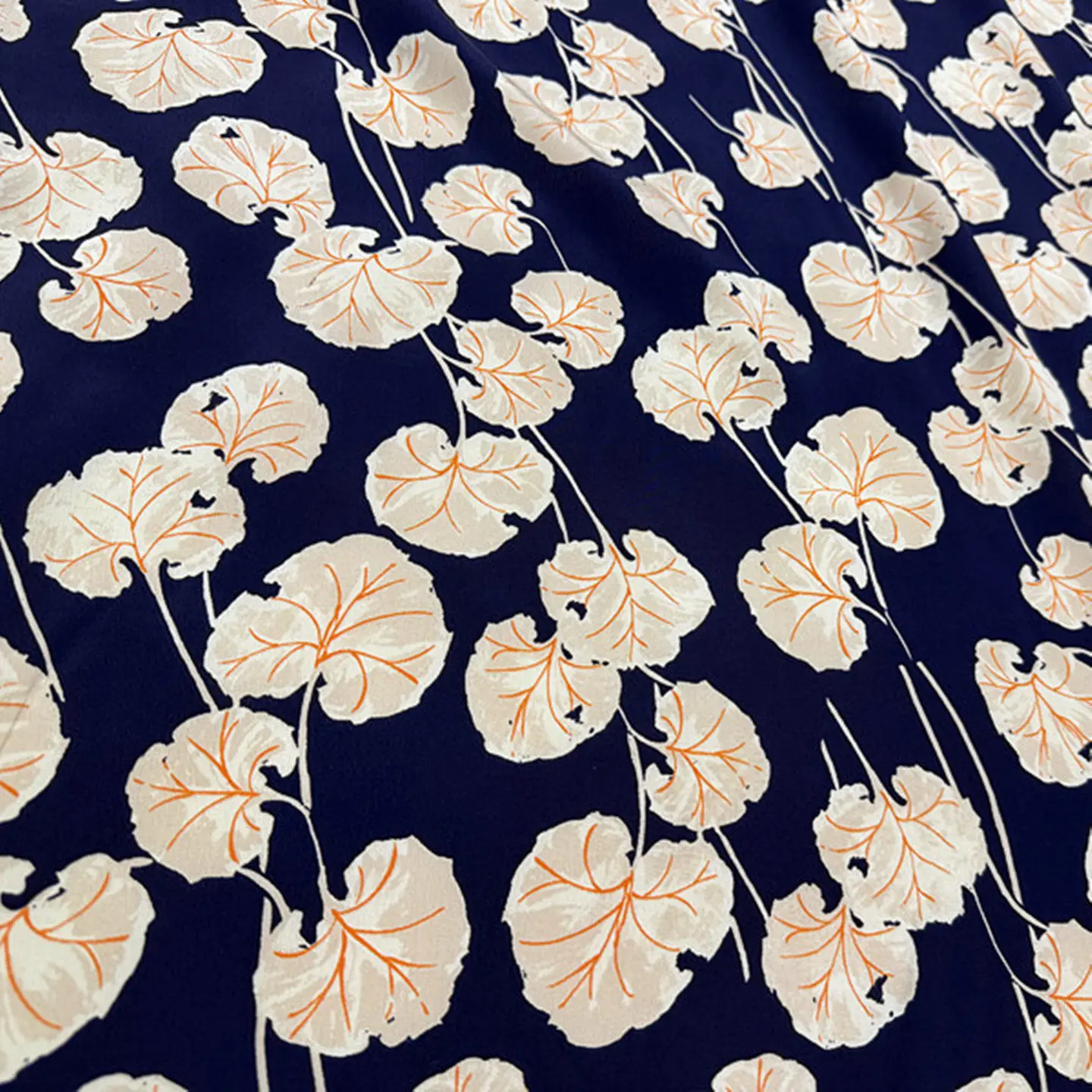 Navy Blue Background Leaf Pattern Wide Width Silk Crepe De Chine Fabric 100% Mulberry Silk Soft Breathable Skin Friendly