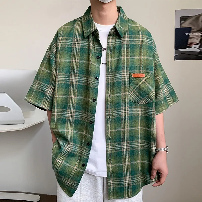 2026 Summer New Plus Size Short Sleeved Men's Shirt Japanese Korean Fashion Retro Checkered Oversized Casual Loose Shirt Tops