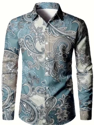 Men Retro Cashew Flower Shirt Exquisite Printing Long Sleeve Button Down Shirt Fashion Casual Lapel Cardigan Jacket Office Shirt
