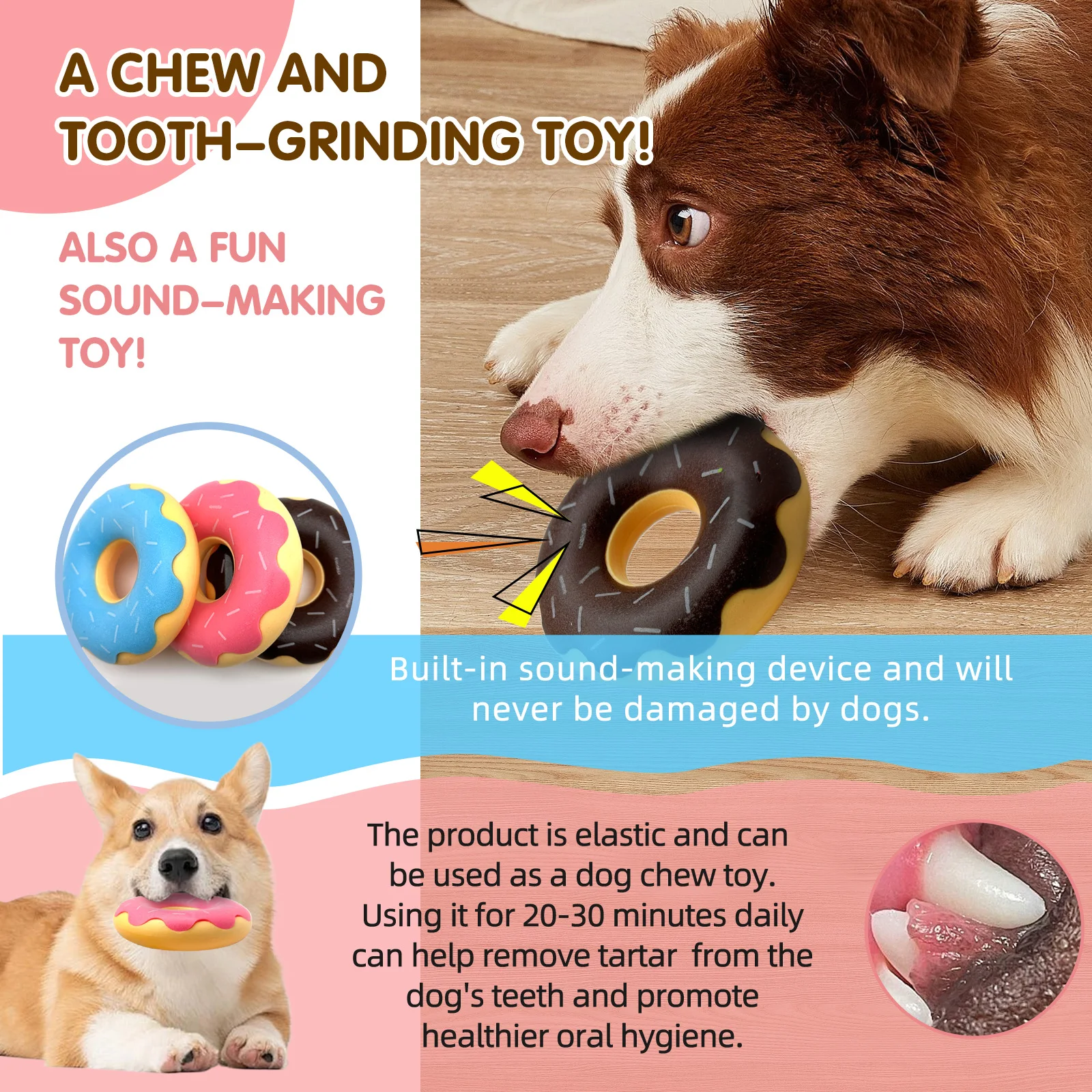 Rubber donut dog toy with functions of grinding teeth, cleaning teeth, interactive companionship, relaxation, and vocalization