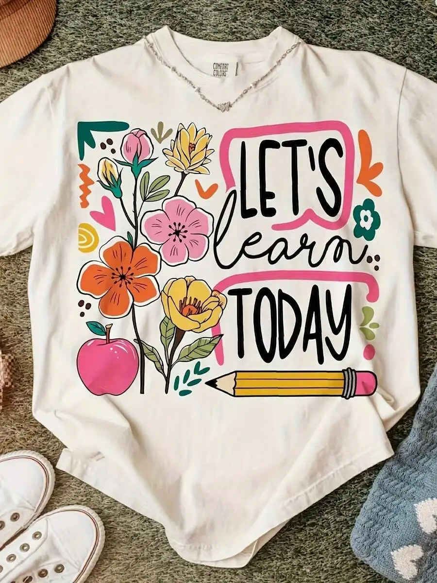 Women's & Unisex Bohemian Teacher Shirt, Vintage Floral Pencil Print Short Sleeve Tee, Soft Breathable Round Neck, Casual Uniform, Gift For Educators