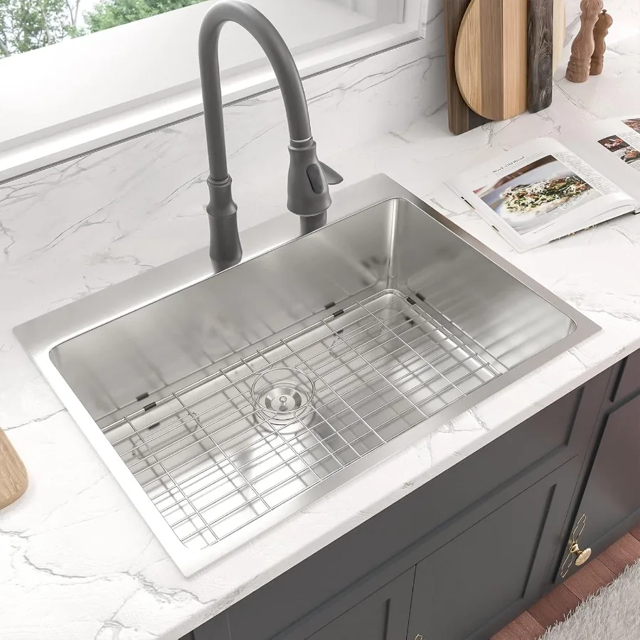 33 بوصة وعاء واحد حوض المطبخ قطرة في التثبيت مع تصميم أعلى جبل للمطابخ الحديثة 16 مقياس الفولاذ المقاوم للصدأ Constr #4