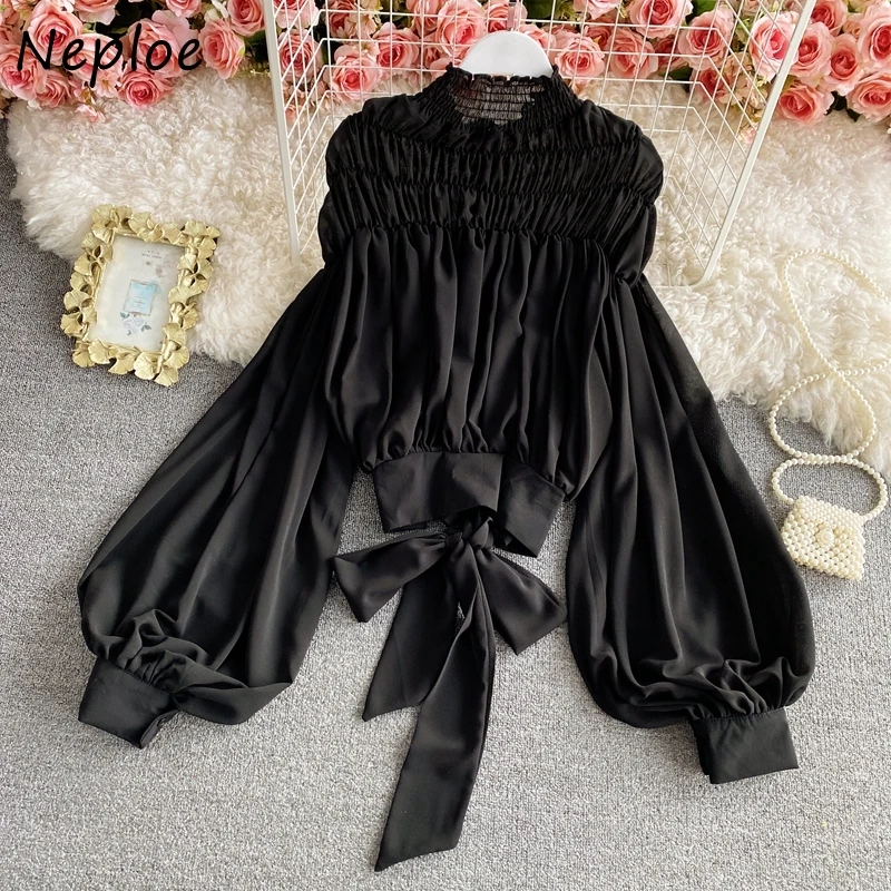 Neploe Vintage Court Style Draped Blouse Women Slim Fit Lantern Long Sleeve Pullover Blusas Spring 2024 New Solid Shirt Femme