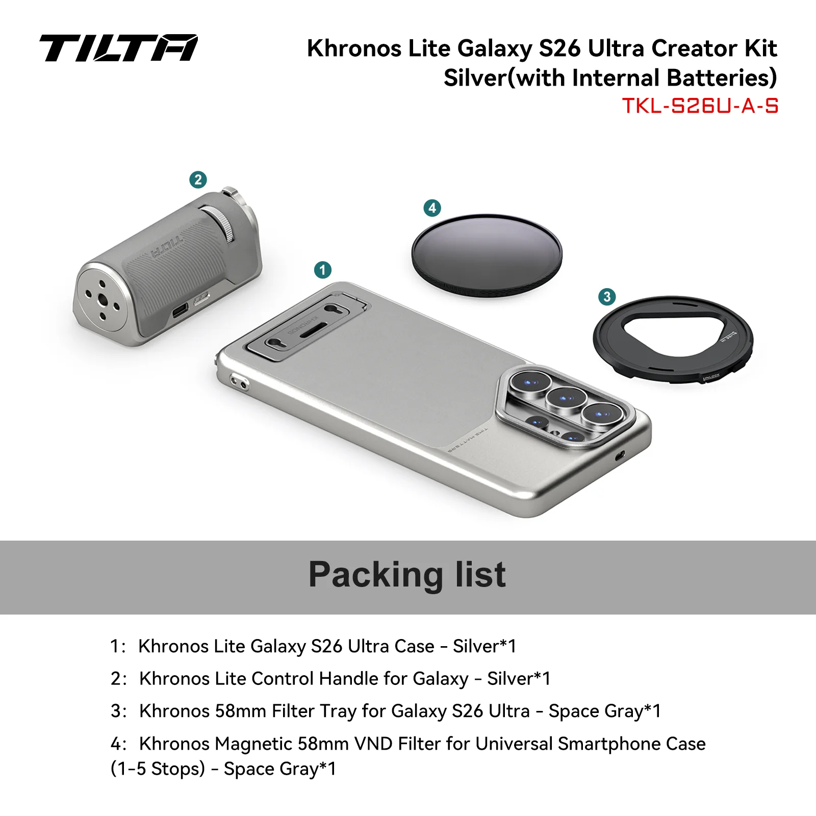 TILTA Khronos Voor SAMSUNG Galaxy S26 Ultra Ultimate Kit met 58mm VND Filter Focus PD Handvat Quick Release USBC Adapter
