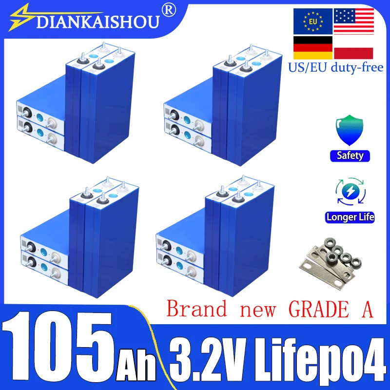 

New 3.2V 105Ah Grade A LiFePO4 rechargeable Battery DIY 4s 12V 8s 24V Inverter RV Motorcycle Electric Car travel Solar duty-free