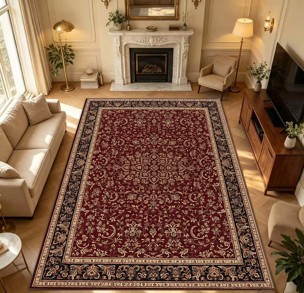 Classic Burgundy Floral Oriental Area Rug Vintage Traditional Living Room Carpet Home Decor Floor Mat