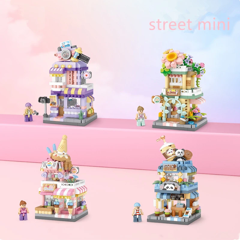 شارع عرض الغذاء منزل اللبنات عدة جديدة الباندا الحيوانات الأليفة القهوة الآيس كريم زهرة متجر متجر الفتيات الطوب نموذج الاطفال لعبة الأطفال #1