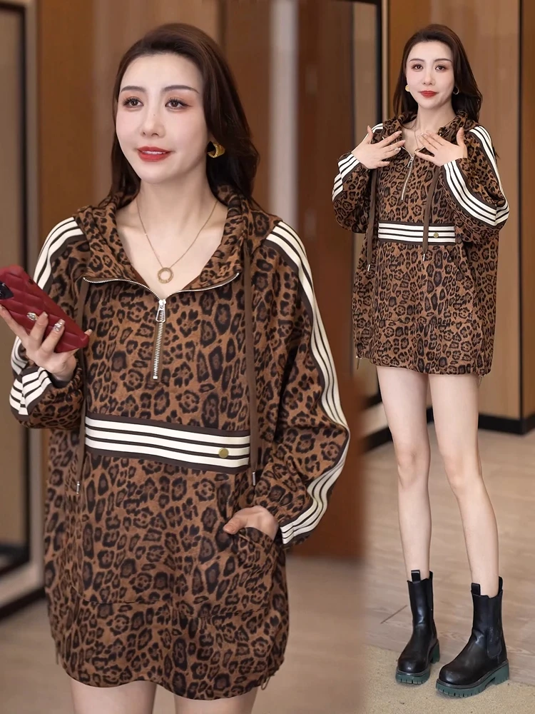 

Модная женская толстовка с леопардовым принтом, свободного кроя, с эффектом стройности, на молнии, весенняя новинка, стильный уличный топ