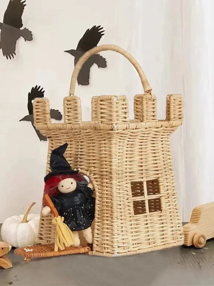 Rattan Woven Castle Basket Cute Hand Woven Storage Basket Travel Vacation Outdoor Picnic Straw Bag Kids Toys Sundries Organizer