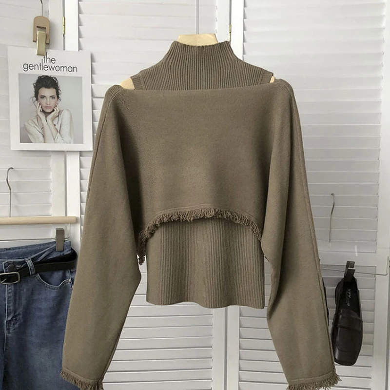 Two Piece Set for Women Korean Fashion Hollow Half High Collar Knitted Sweater Elegant Tassel Long Sleeve Slim Fit Pullover Tops