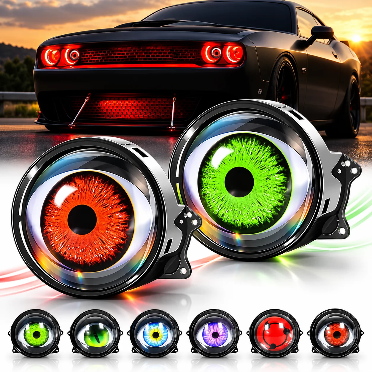 Demon Eye Projector Headlight Kit Multicolor LED Lenses Custom Retrofit for Cars Trucks Show Builds and Automotive Enthusiasts