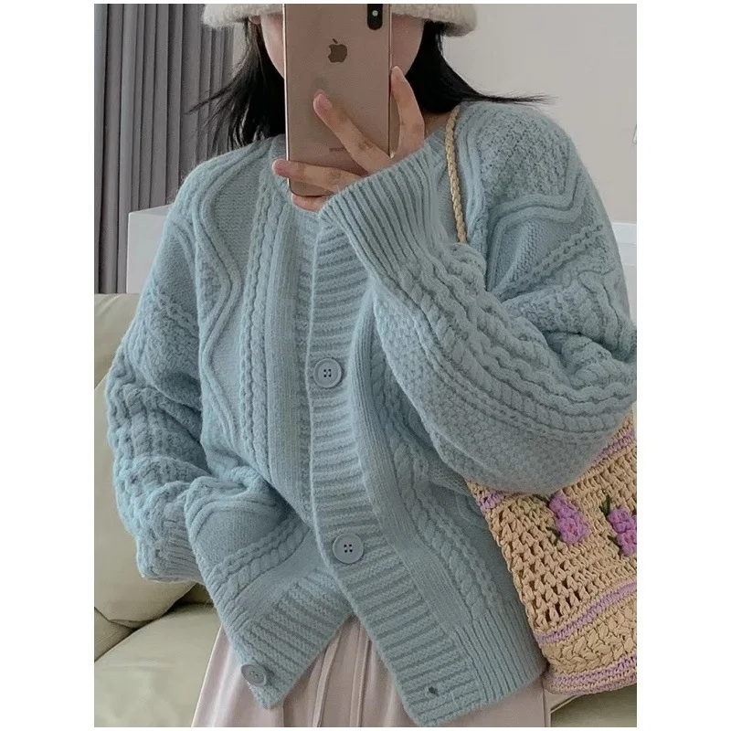 

Autumn Winter Thicken Warm Women Cardigan Sweater Korean Lazy Wind Soft All Match Cardigans Tops Solid Loose Knitted Coats XK21