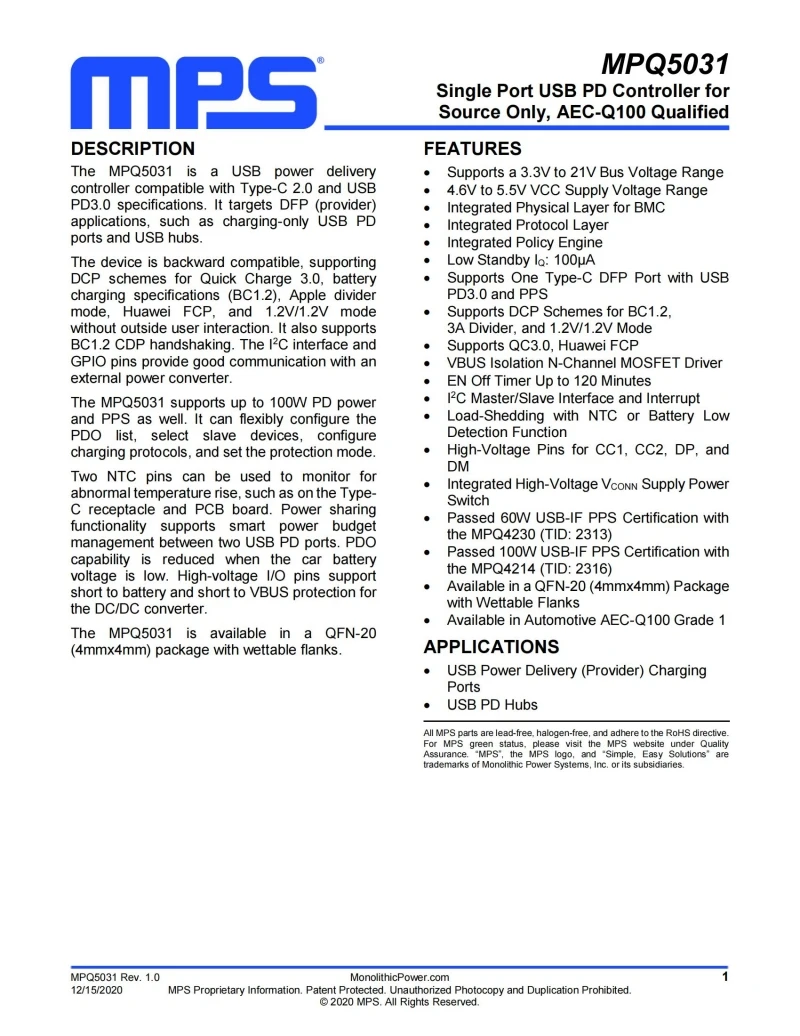 

10 шт. MPQ5031GRE-0001-AEC1 MPQ5031 QFN-20 однопортовый USB-контроллер PD только для источника, количество AEC-Q100