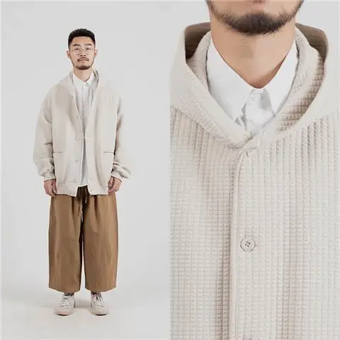 Maglione da uomo Cardigan Vintage Solid Waffle felpa con cappuccio da uomo autunno con cappuccio in pile giacca giapponese allentata Plus Size cappotto addensato