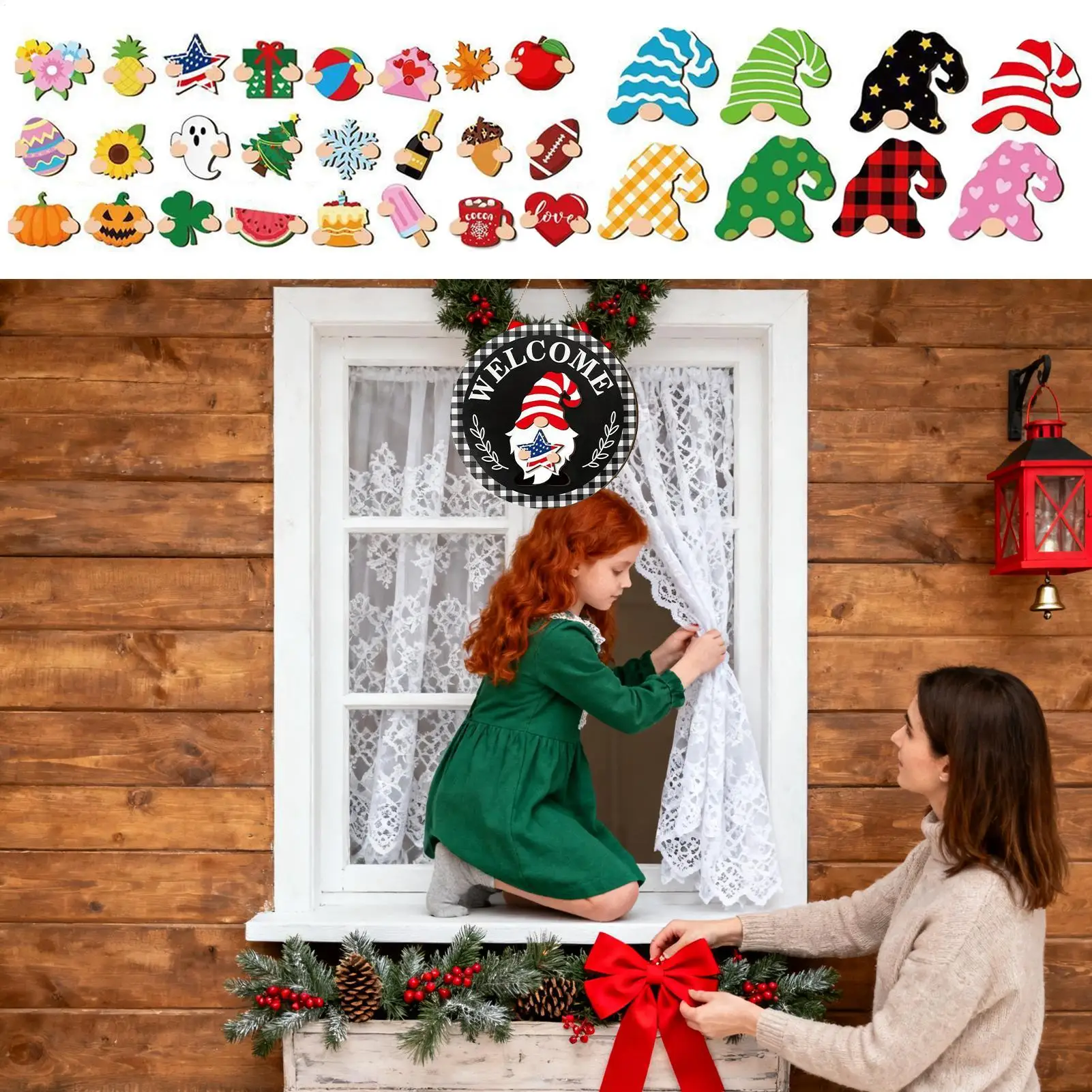 Interchangeable Door Sign Interchangeable Wreath Decoration Wooden Gnomes Seasonal Door Decorations For Home Kitchen Wall