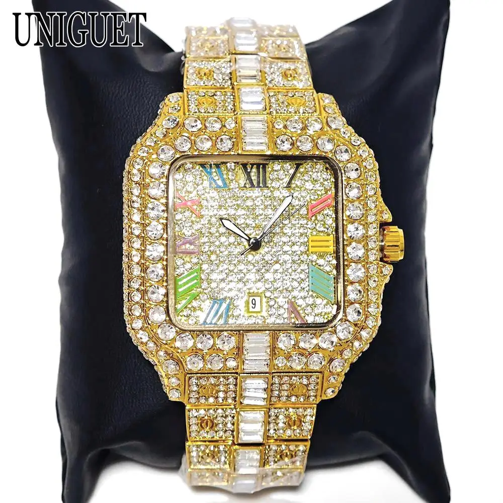 UNIGUET Hip Hop Ice Watches Men Luxury Diamond Bling Quartz Watch Fashion Color Roman Literal Square Wristwatch Man Dropshipping