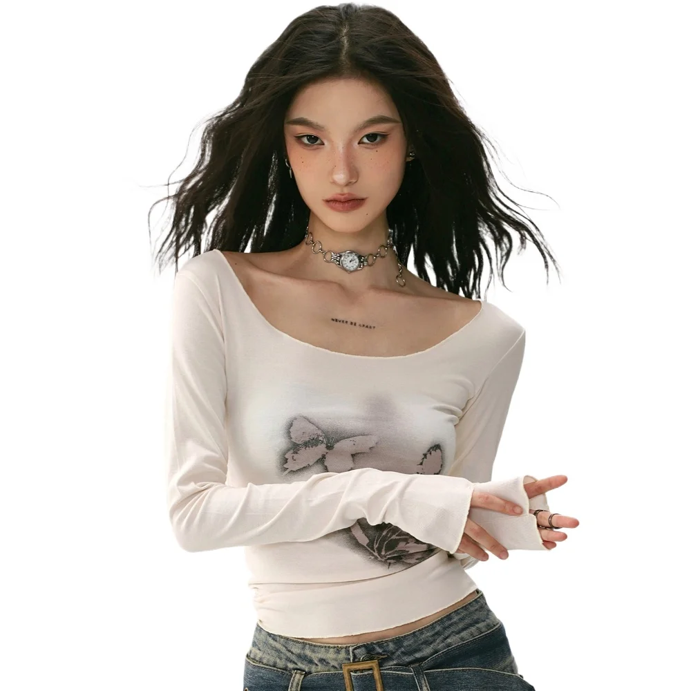 High Quality Hot Selling Retro Butterfly Tie Dye Printed Long Sleeved T-shirt Women's Niche Slim Fit Base Shirt Top Aesthetic