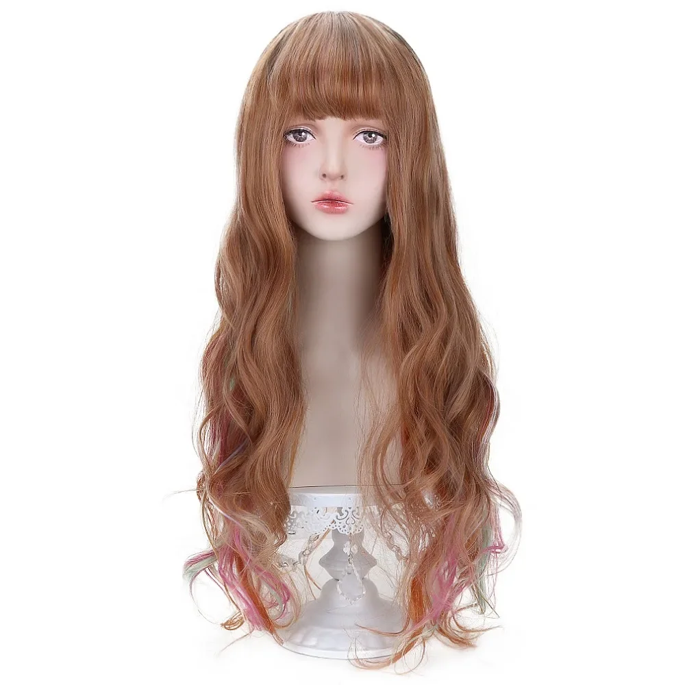 

30'' Cosplay Brown Rainbow Wig With Bangs Brown Ombre Long Wavy Synthetic Hair Cosplay Lolita Wigs For Women Girl Heat Resistant