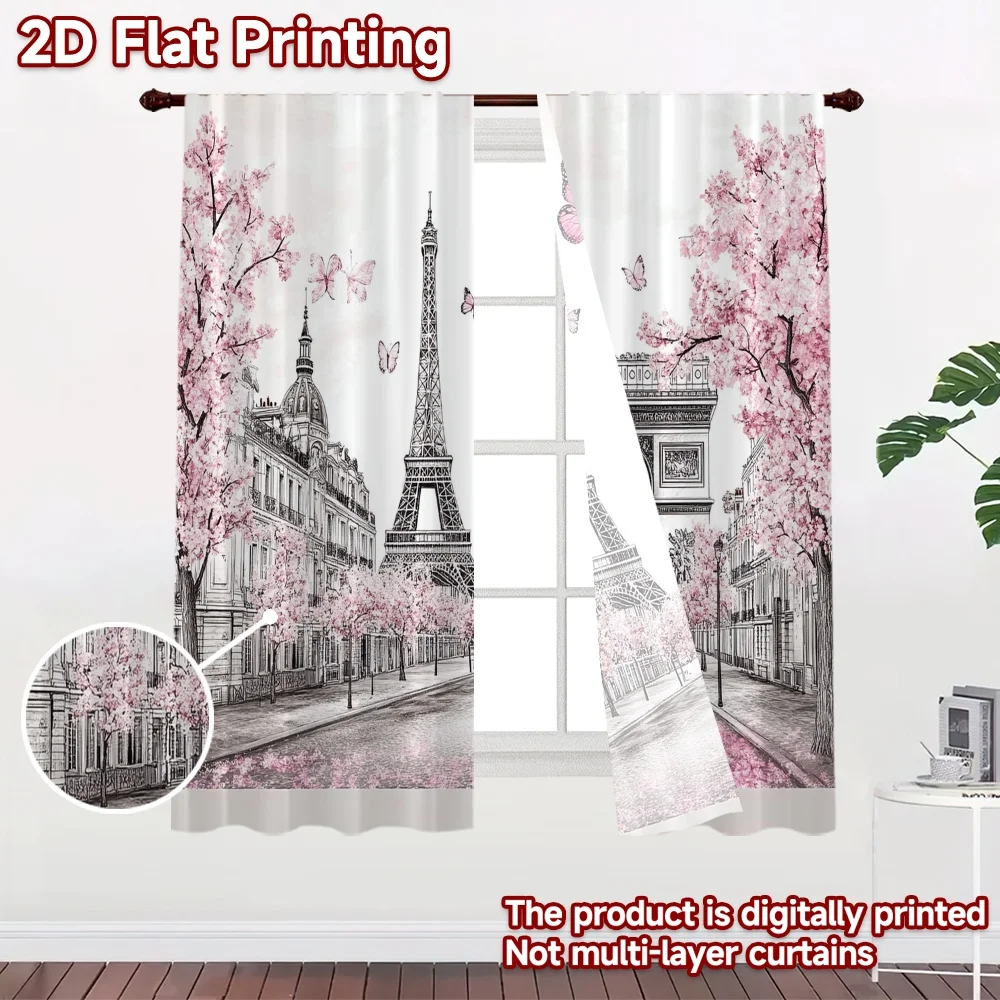 2D flat 2pcs Curtain Modern Minimalist Style Paris Spring Blossoms Scene Digitally printed polyester Festive Curtains Perfect