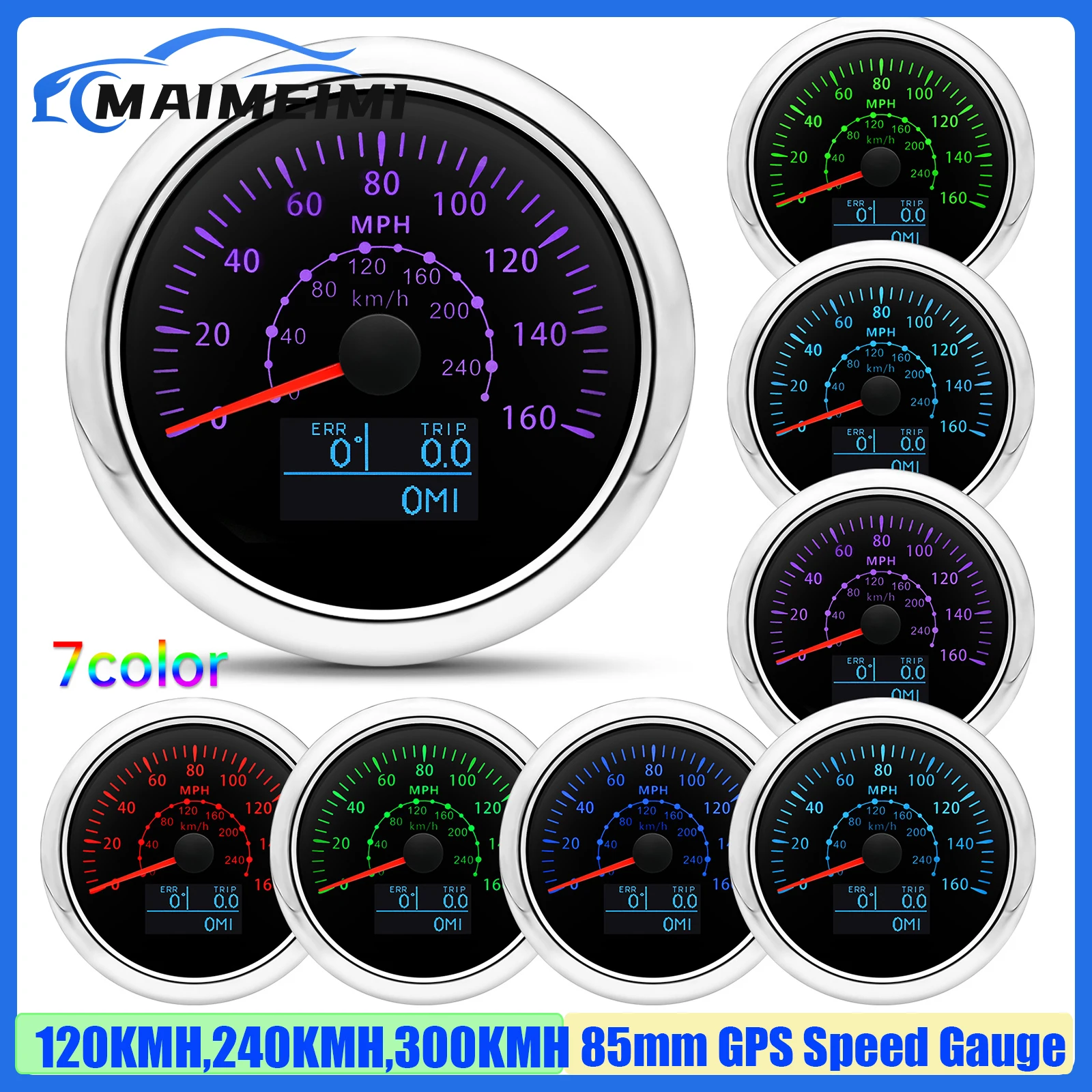 120KMH,240KMH,300KMH 85mm GPS Speedometer Gauge with Antenna 7 COLOR LED 80MPH,160MPH,200MPH Speed Gauge Auto Car Boat 12V 24V