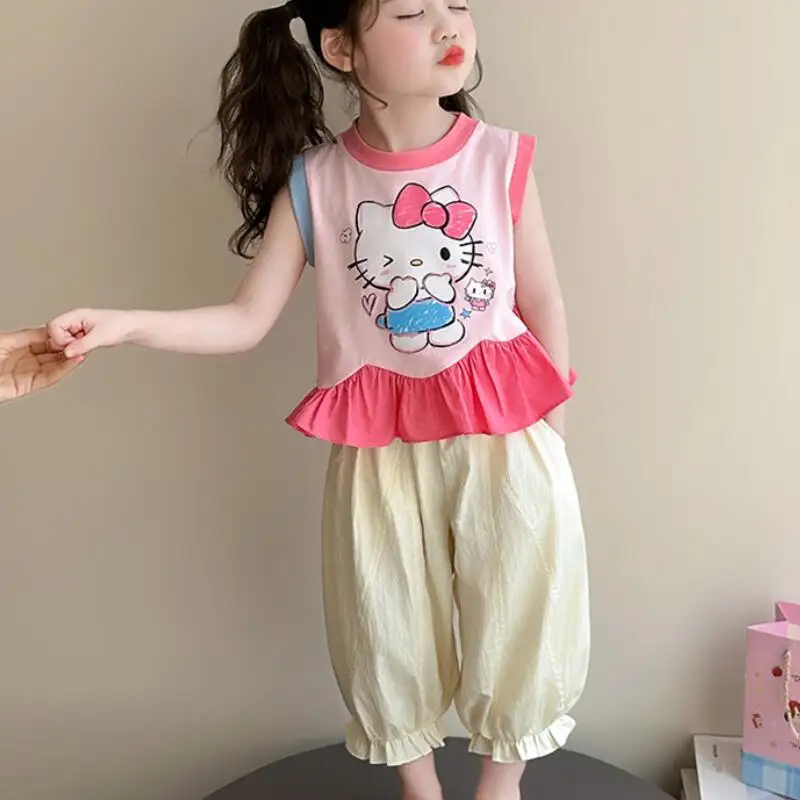 

Children's Lace T-Shirt Straight Pants Suit Girls Summer New Short-Sleeved Wide-Leg Pants Short-Sleeved Fashion Two-Piece Set