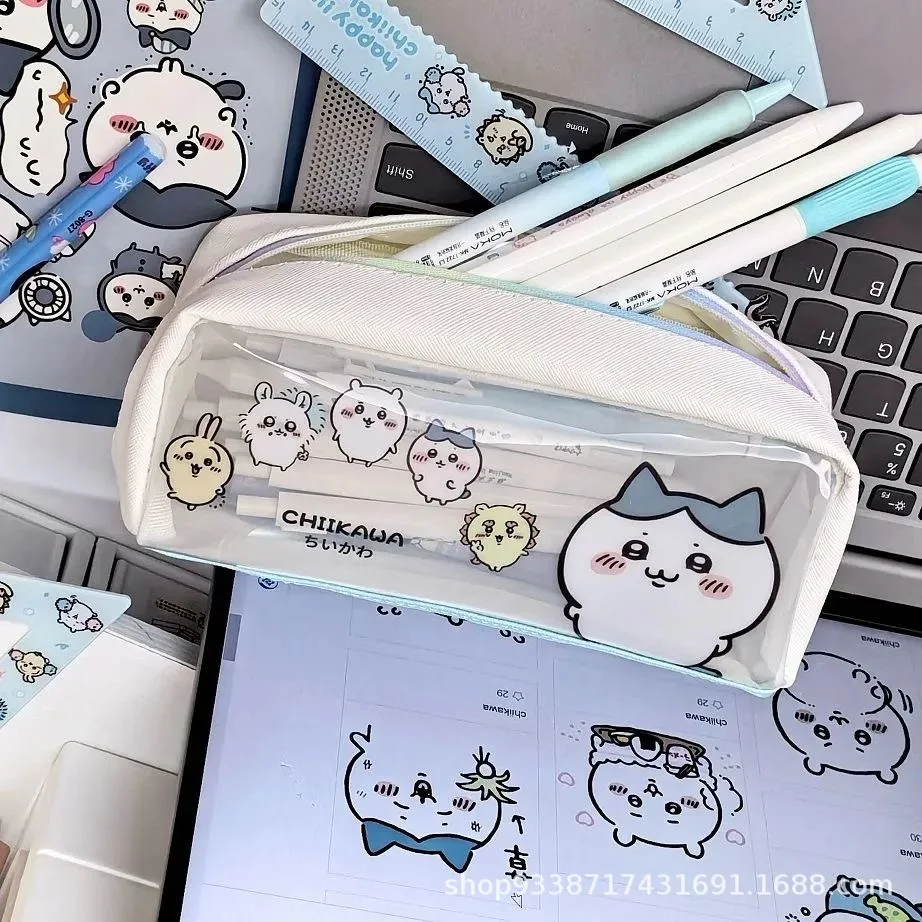 MINISO New kawaii ちいかわ pen bag large capacity cartoon ハチワレ stationery student storage bags anime girl\'s pencil case transparent