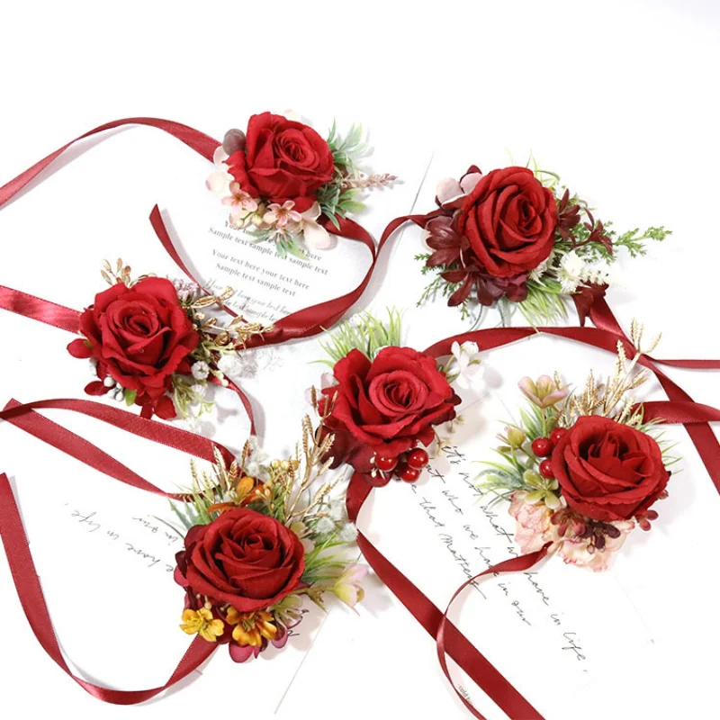 Đỏ Tiệc Cưới Xòe Chú Rể Boutonieres Phù Dâu Đeo Tay Vòng Tay Hoa Cưới Em Gái Cổ Tay Xòe