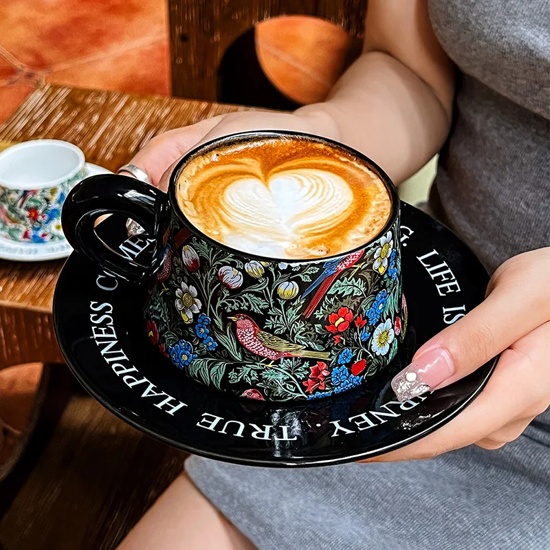 Classic high-end sense of middle-aged original niche Morris flower and bird coffee cup and saucer set ceramic cup