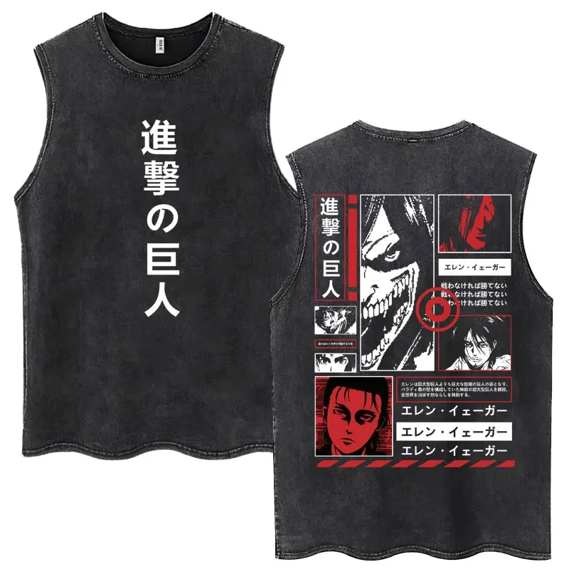 Anime Attack on Titan Cherry Blossoms Logo Print Vintage Washed Tank Tops Men Women Manga Oversized Sleeveless T Shirts