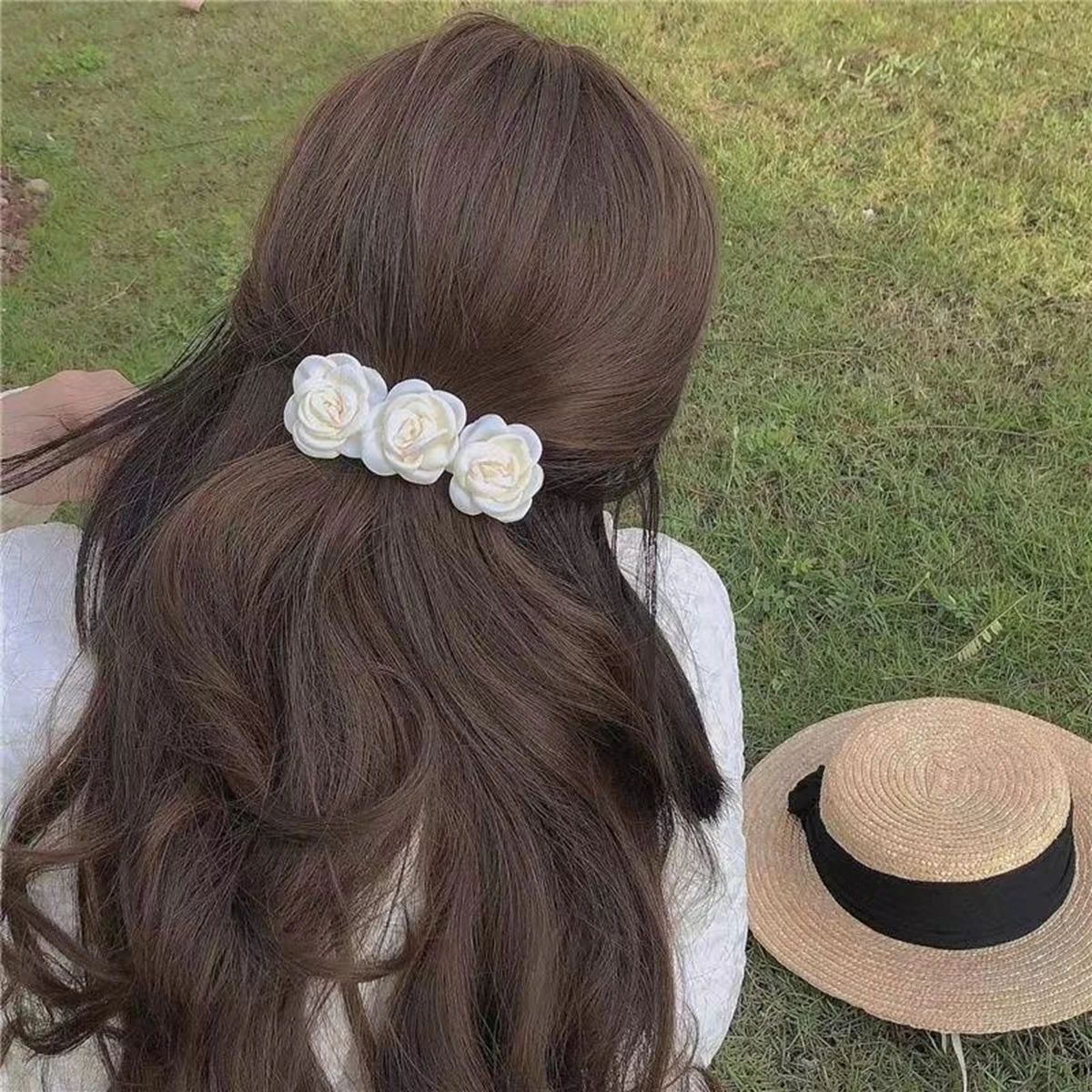 2Pcs White Rose Flower Hair Clips for Women, Elegant Organza Satin Hair Barrettes, Bridal Hair Accessories for Wedding, Party & view 5