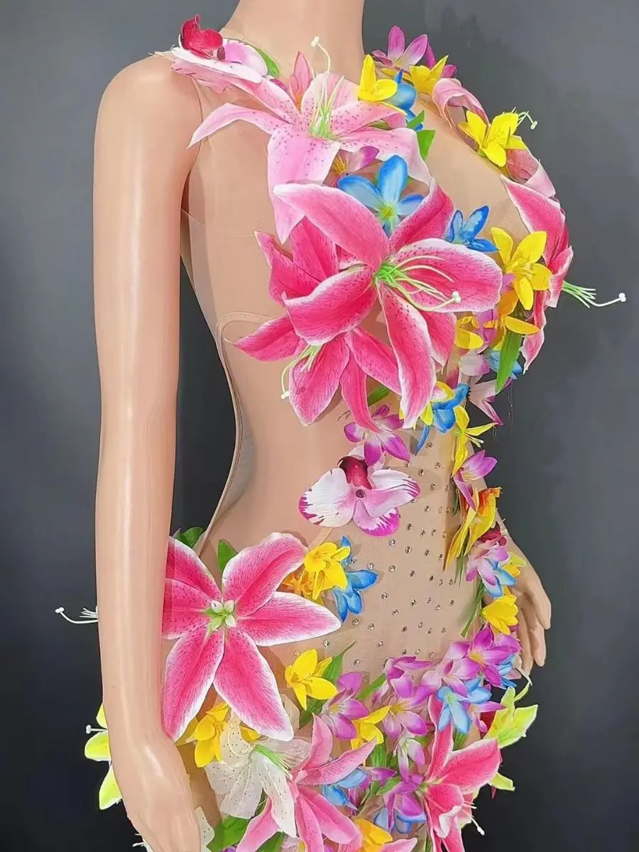 Flower Dress Hot Sale Sexy Rhinestones See-through Midriff Outfit Nightclub Stage Performance Costume Electronic Music Festival