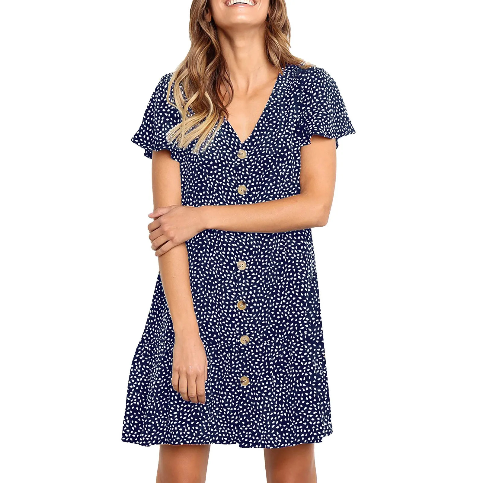 Womens Polka Dot V Neck Button Down Ruffles Loose Short T Casual Women Dress Evening Dresses for Fall Petite Summer Dresses