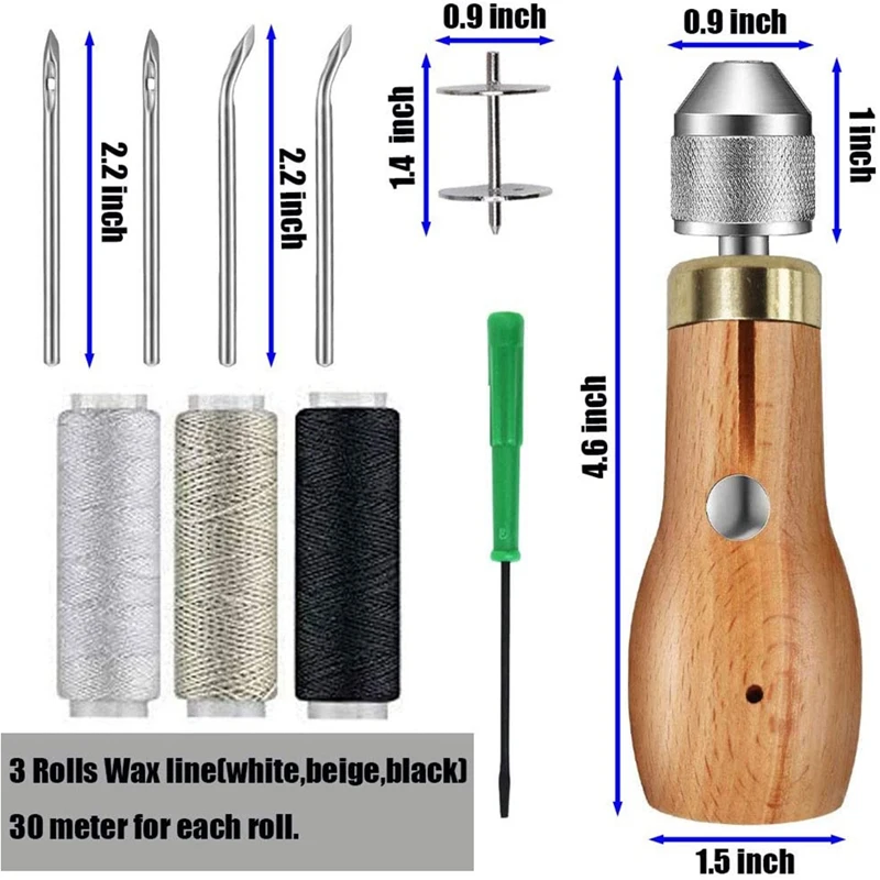 BEAU-12 Sewing Awl Kit, Leather Sewing Awl Stitching Tool Handheld Sewing Awl With Needles For DIY Leather Craft Supplies