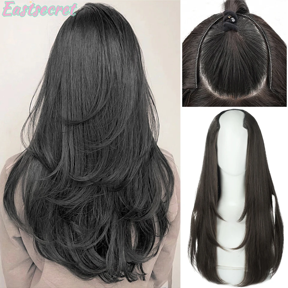 EASTSECREWigs, 긴 스트레이트 헤어, V자형 레이어, 파마, 원피스, 논 트레이스, 보이지 않는 헤어 익스텐션, 새로운 헤어 익스텐션 