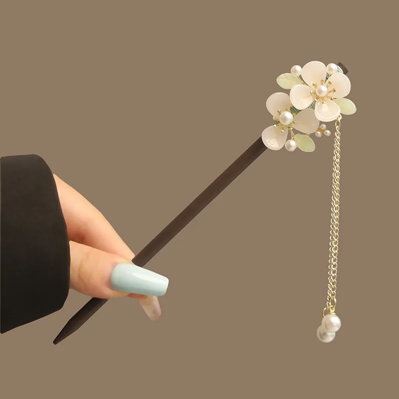 Flower Tassel Pearl Hair Sticks Wooden Hair Fork Hairpin Chinese Style Handmade Floral Hair Stick Women Hanfu Hair Accessories image 6