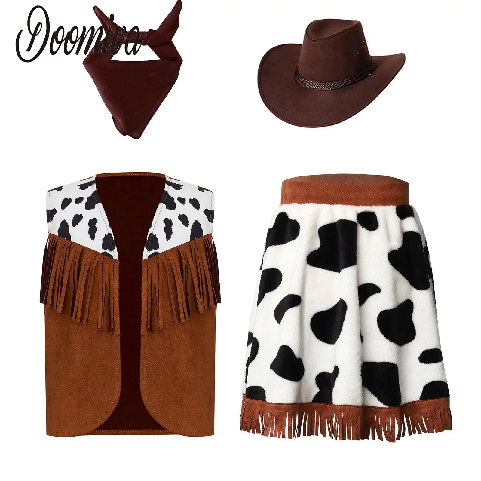 

Girls 4Pcs Cowgirl Cowboy Dress-up Costume Halloween Set Sleeveless Print Fringe Vest and Flannel Skirt with Hat Paisley Bandana