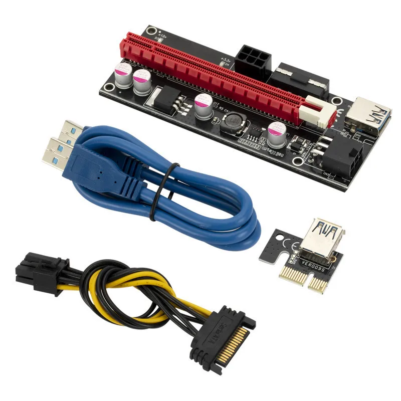 Newest VER009 USB 3.0 PCI-E Riser VER 009S Express 1X 4x 8x 16x Extender pcie Riser Adapter Card SATA 15pin to 6 pin Power