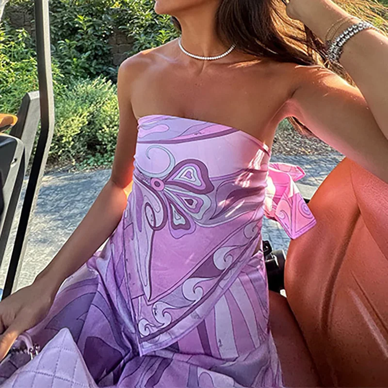 

Sexy Sleeveless Vest with Skirt Outfits Women's Fashion Pattern Print Long Skirt 2Pc Suits Elegant Strapless Vacation Skirt Sets