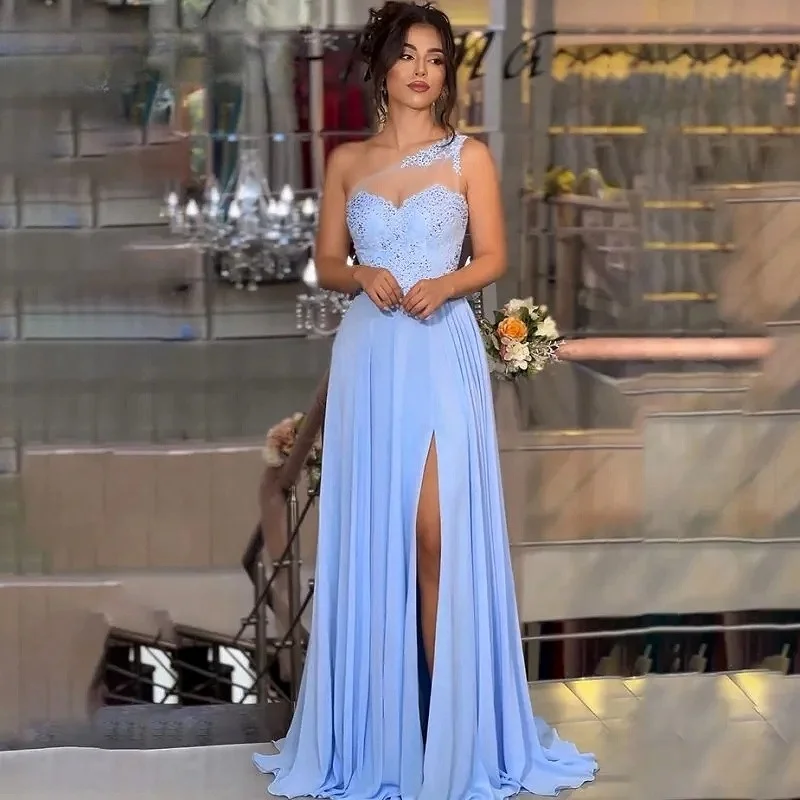 Blue Chiffon Evening Dresses For Wedding One Shoulder Slit A Line Backless Lace Decal Sleeveless Formal Prom Dubai Party Gown